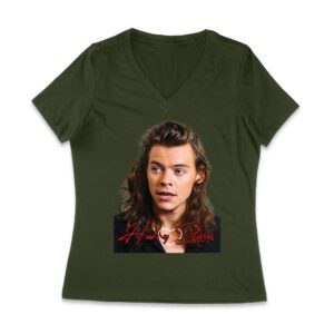 Close-Up Face Hary-Styls Fan Art Tee with Signature Script Font Women Jersey V-Neck