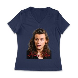 Close-Up Face Hary-Styls Fan Art Tee with Signature Script Font Women Jersey V-Neck