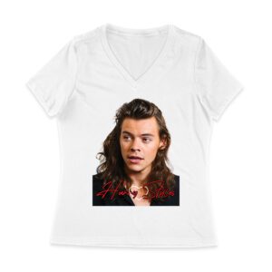 Close-Up Face Hary-Styls Fan Art Tee with Signature Script Font Women Jersey V-Neck
