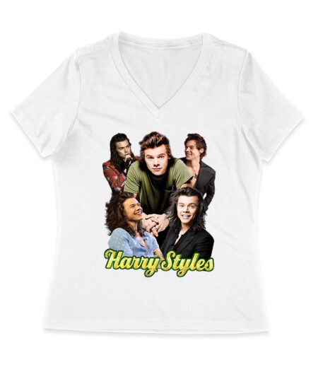Group Expressions Collage Hary-Styls T-Shirt with Artistic Layout Women Jersey V-Neck
