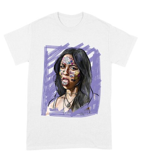 Edgy Olivia Rodrigo T-Shirt with Purple Sketch and Sticker Face Details Unisex Adult