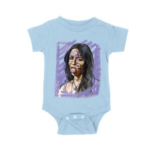 Edgy Olivia Rodrigo T-Shirt with Purple Sketch and Sticker Face Details Unisex Baby Jersey