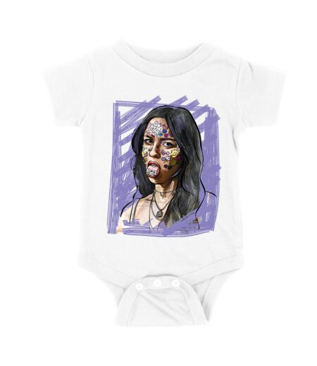 Edgy Olivia Rodrigo T-Shirt with Purple Sketch and Sticker Face Details Unisex Baby Jersey