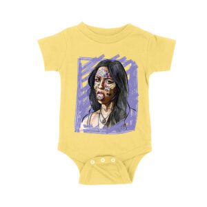 Edgy Olivia Rodrigo T-Shirt with Purple Sketch and Sticker Face Details Unisex Baby Jersey