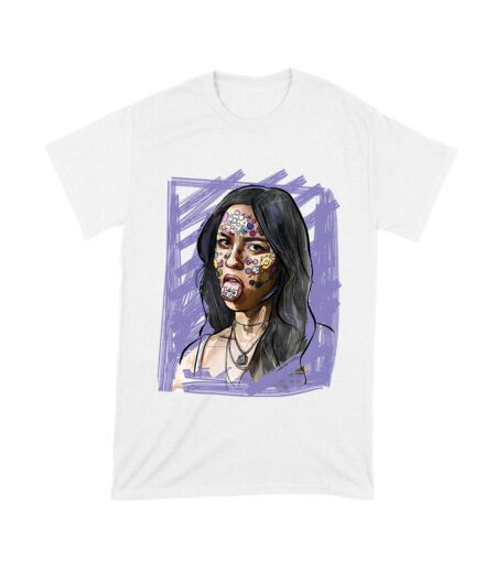 Edgy Olivia Rodrigo T-Shirt with Purple Sketch and Sticker Face Details Unisex Toddler