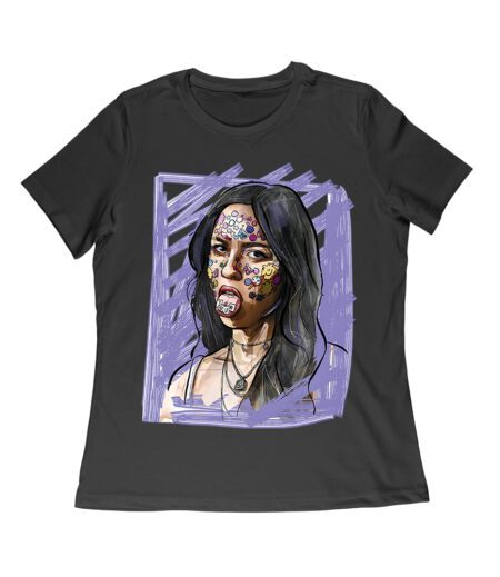 Edgy Olivia Rodrigo T-Shirt with Purple Sketch and Sticker Face Details Women Relaxed – Viva Party