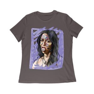 Edgy Olivia Rodrigo T-Shirt with Purple Sketch and Sticker Face Details Women Relaxed