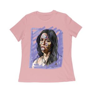 Edgy Olivia Rodrigo T-Shirt with Purple Sketch and Sticker Face Details Women Relaxed