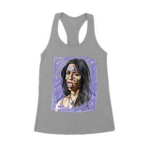 Edgy Olivia Rodrigo T-Shirt with Purple Sketch and Sticker Face Details Women's Racerback Tank Top