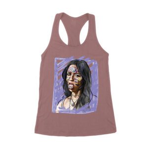 Edgy Olivia Rodrigo T-Shirt with Purple Sketch and Sticker Face Details Women's Racerback Tank Top