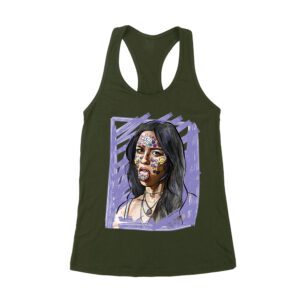 Edgy Olivia Rodrigo T-Shirt with Purple Sketch and Sticker Face Details Women's Racerback Tank Top