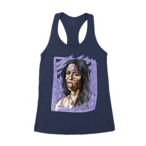 Edgy Olivia Rodrigo T-Shirt with Purple Sketch and Sticker Face Details Women's Racerback Tank Top