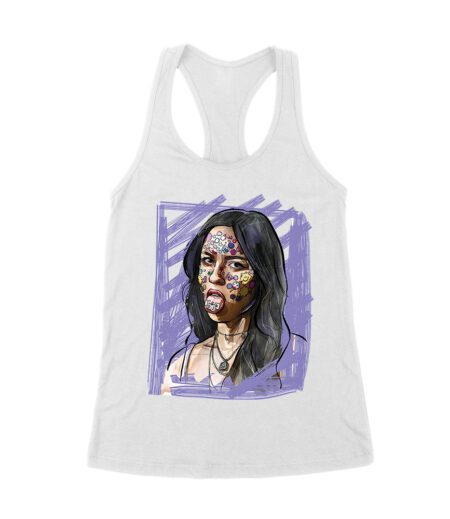 Edgy Olivia Rodrigo T-Shirt with Purple Sketch and Sticker Face Details Women's Racerback Tank Top