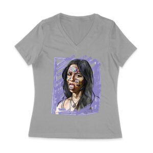 Edgy Olivia Rodrigo T-Shirt with Purple Sketch and Sticker Face Details Women Jersey V-Neck