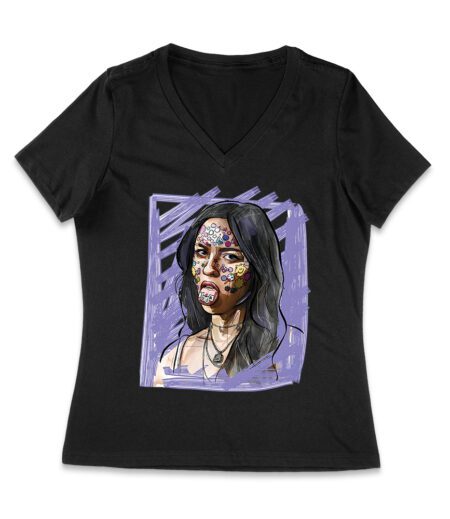 Edgy Olivia Rodrigo T-Shirt with Purple Sketch and Sticker Face Details Women Jersey V-Neck – Viva Party