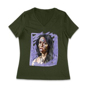 Edgy Olivia Rodrigo T-Shirt with Purple Sketch and Sticker Face Details Women Jersey V-Neck
