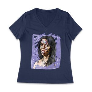 Edgy Olivia Rodrigo T-Shirt with Purple Sketch and Sticker Face Details Women Jersey V-Neck