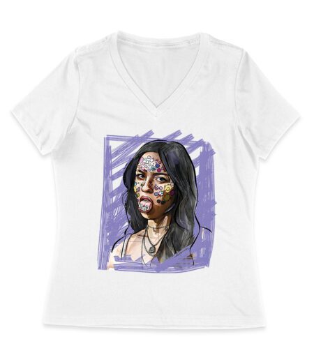 Edgy Olivia Rodrigo T-Shirt with Purple Sketch and Sticker Face Details Women Jersey V-Neck