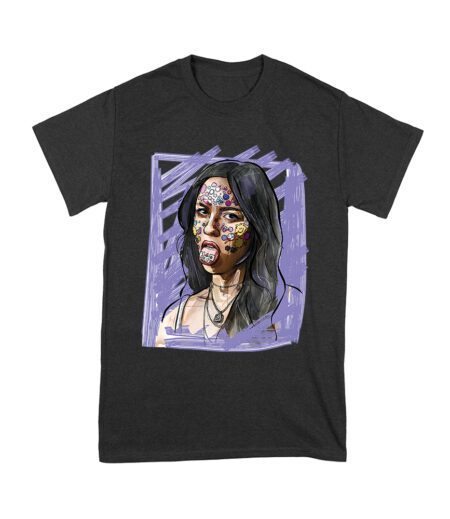 Edgy Olivia Rodrigo T-Shirt with Purple Sketch and Sticker Face Details Unisex Youth – Viva Party