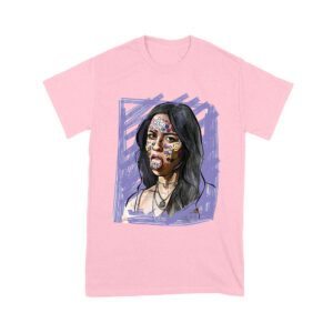 Edgy Olivia Rodrigo T-Shirt with Purple Sketch and Sticker Face Details Unisex Youth