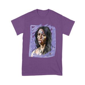 Edgy Olivia Rodrigo T-Shirt with Purple Sketch and Sticker Face Details Unisex Youth