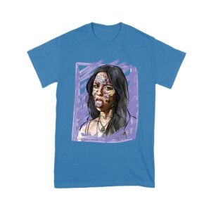 Edgy Olivia Rodrigo T-Shirt with Purple Sketch and Sticker Face Details Unisex Youth