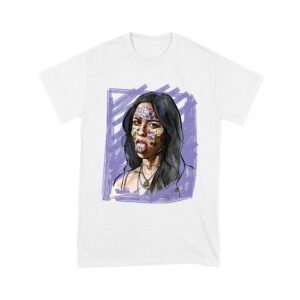Edgy Olivia Rodrigo T-Shirt with Purple Sketch and Sticker Face Details Unisex Youth