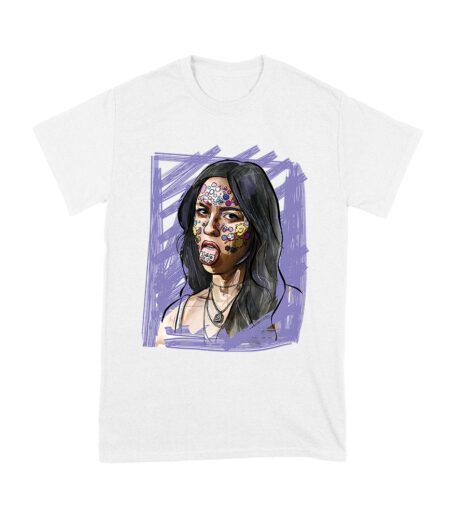 Edgy Olivia Rodrigo T-Shirt with Purple Sketch and Sticker Face Details Unisex Youth
