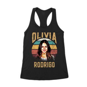 Retro Sunset Stripes Olivia Rodrigo Graphic Tee with Vintage Portrait Women's Racerback Tank Top – Viva Party