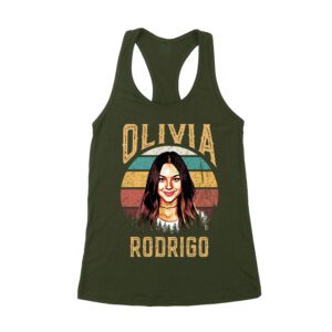 Retro Sunset Stripes Olivia Rodrigo Graphic Tee with Vintage Portrait Women's Racerback Tank Top
