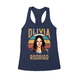 Retro Sunset Stripes Olivia Rodrigo Graphic Tee with Vintage Portrait Women's Racerback Tank Top