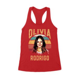 Retro Sunset Stripes Olivia Rodrigo Graphic Tee with Vintage Portrait Women's Racerback Tank Top