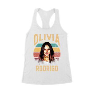 Retro Sunset Stripes Olivia Rodrigo Graphic Tee with Vintage Portrait Women's Racerback Tank Top