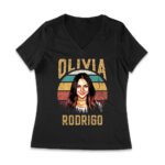 Retro Sunset Stripes Olivia Rodrigo Graphic Tee with Vintage Portrait Women Jersey V-Neck – Viva Party