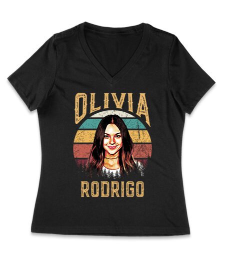 Retro Sunset Stripes Olivia Rodrigo Graphic Tee with Vintage Portrait Women Jersey V-Neck – Viva Party