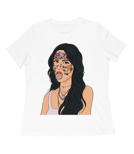 Olivia Rodrigo Cartoon Style T-Shirt with Face Stickers and Pop Expression Women Relaxed