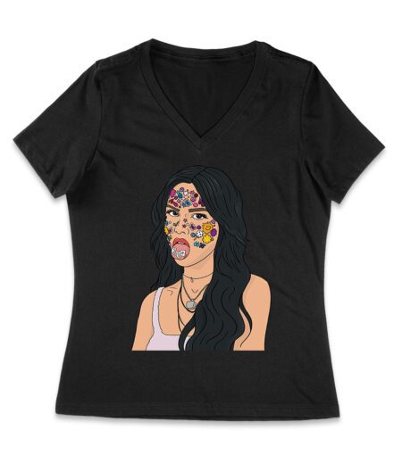 Olivia Rodrigo Cartoon Style T-Shirt with Face Stickers and Pop Expression Women Jersey V-Neck – Viva Party