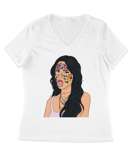 Olivia Rodrigo Cartoon Style T-Shirt with Face Stickers and Pop Expression Women Jersey V-Neck