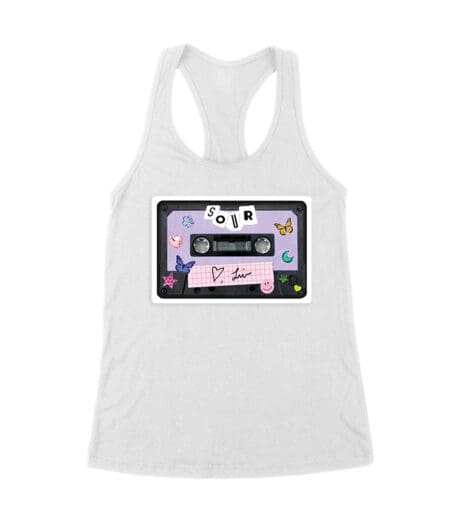SOUR Cassette Tape Olivia Rodrigo T-Shirt with Butterflies and Notes Women's Racerback Tank Top