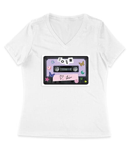 SOUR Cassette Tape Olivia Rodrigo T-Shirt with Butterflies and Notes Women Jersey V-Neck