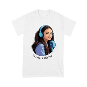Headphones and Microphone Olivia Rodrigo T-Shirt in Studio Art Style Unisex Youth
