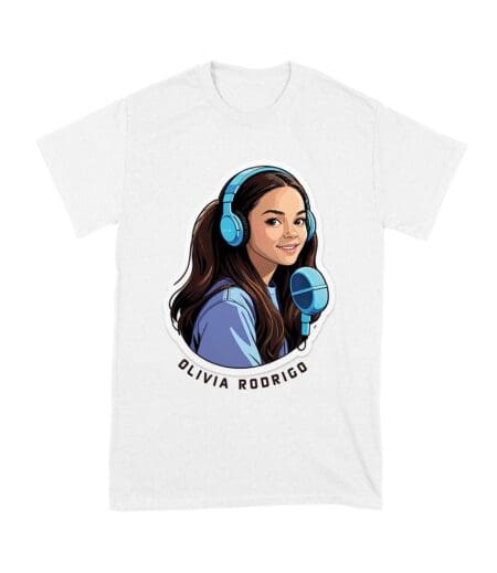 Headphones and Microphone Olivia Rodrigo T-Shirt in Studio Art Style Unisex Youth