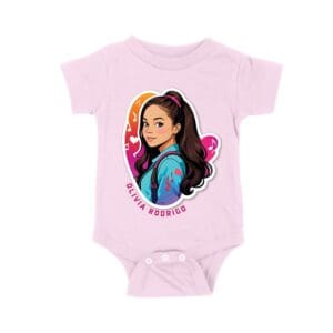 Bright Olivia Rodrigo Cartoon T-Shirt with Ponytail and Music Icons Unisex Baby Jersey