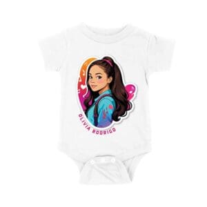 Bright Olivia Rodrigo Cartoon T-Shirt with Ponytail and Music Icons Unisex Baby Jersey