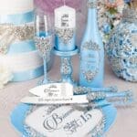 Light blue quinceanera brindis package with bottle and candle