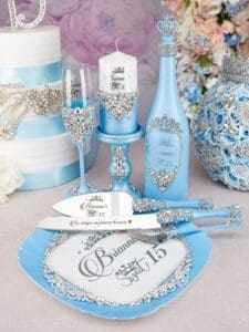 Light blue quinceanera brindis package with bottle and candle