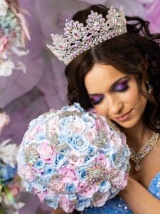 Light blue Pink quinceanera bouquet 9 inches - Image 2