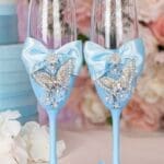 Light blue with butterflies 2 quinceanera champagne glasses