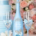 Light blue with butterflies quinceanera bottle with 2 glasses