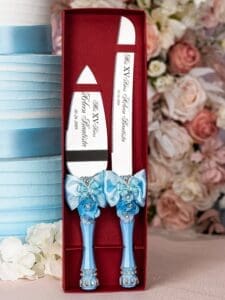 Light blue with butterflies Quinceanera cake knife set with 1 glass - Image 2